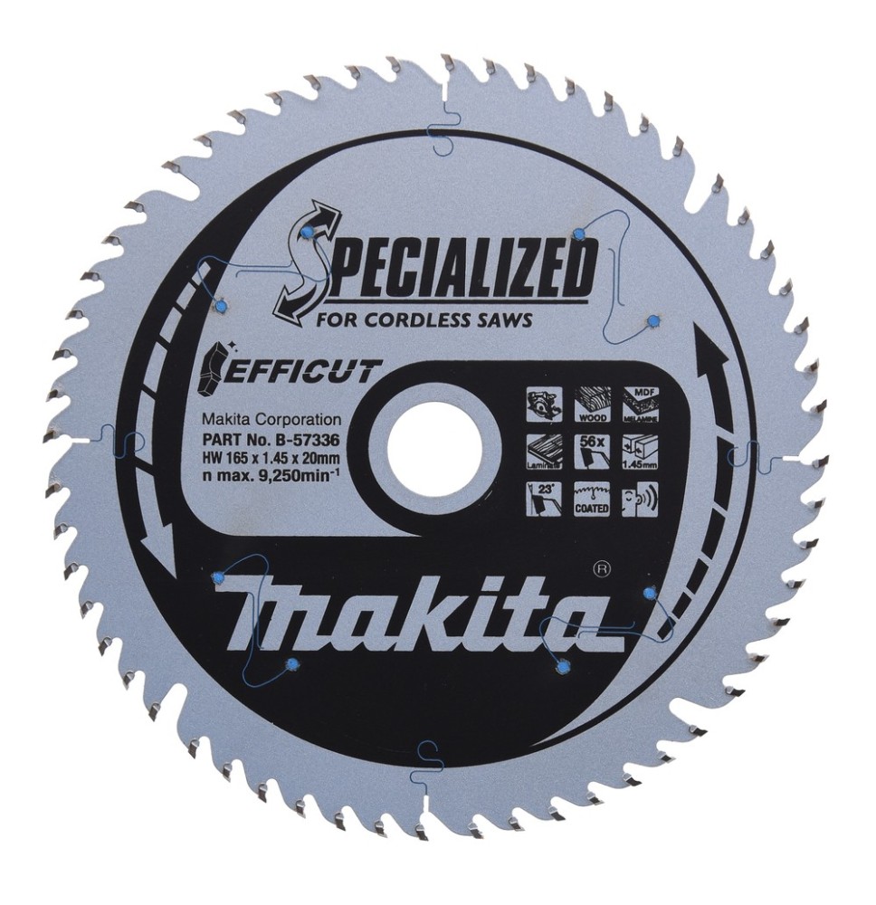 Lame scie circulaire bois Ø 165 mm - Ep.1.45/1 mm - Z.56 - Al.20 MAKITA B-57336 Lame scie circulaire bois Ø 165 mm - Ep.1.45/1 mm - Z.56 - Al.20 MAKITA B-57336