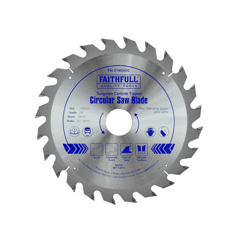 Lame scie circulaire bois Ø 190 mm - Ep. 2.8 - Z. 24 - Al. 30/20/16